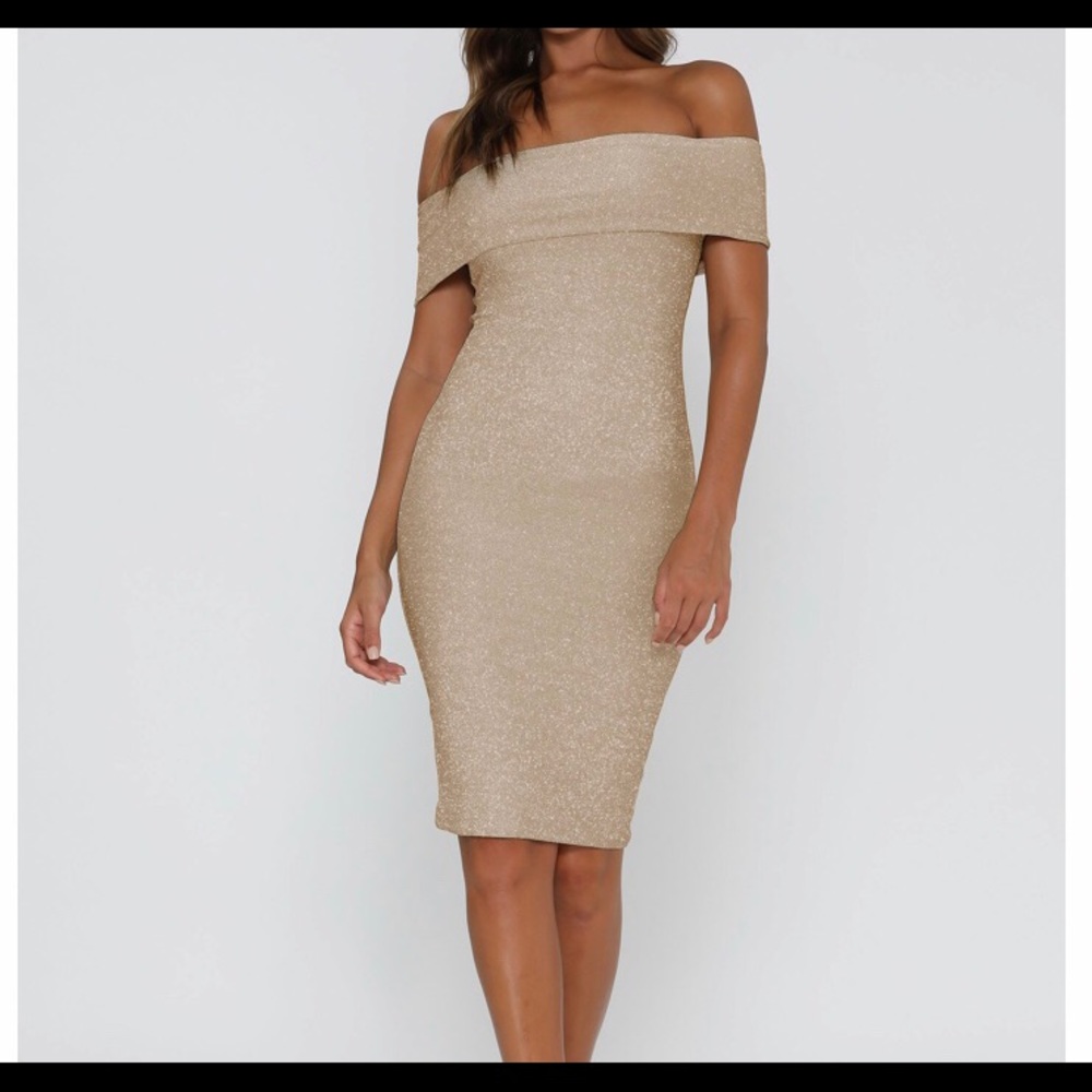 Meshki off the shoulder midi dress in gold